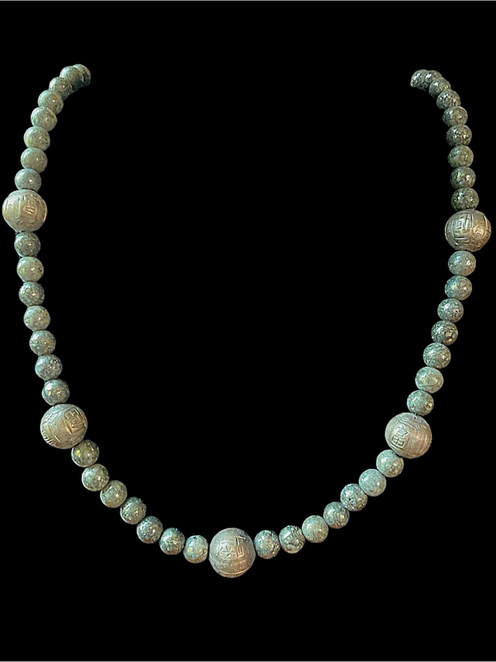 Rare Vintage Carved Asian Bead Pyrite Gemstone Bead Necklace